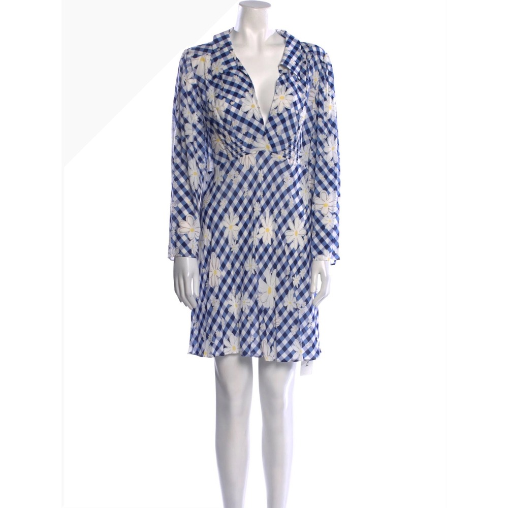 RIXO London Blue Gingham Daisy Floral V-Neck Mini Dress Smocked Back Size 10 - Picture 4 of 6